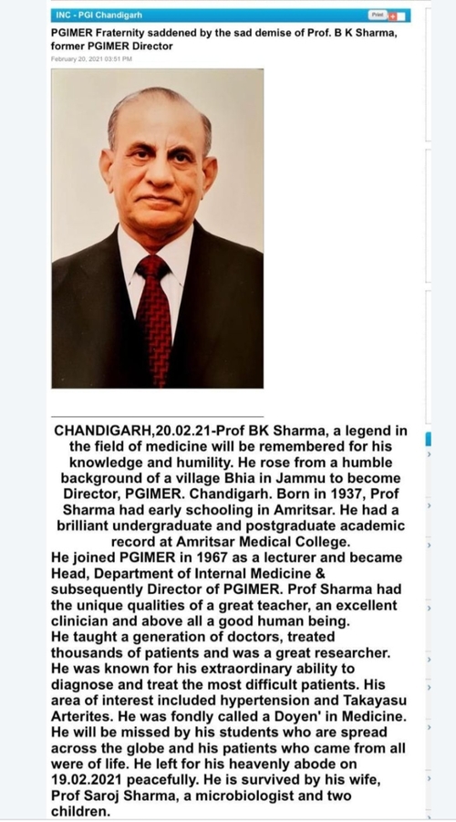 PGIMER Fraternity saddened by the sad demise of Prof. B K Sharma, former PGIMER Director|Dr Sarita Jaiswal|Near Paschim Vihar East Metro Station,New Delhi
