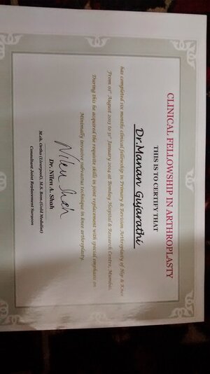 Certificate of Clinical fellowship in Arthoplasty
